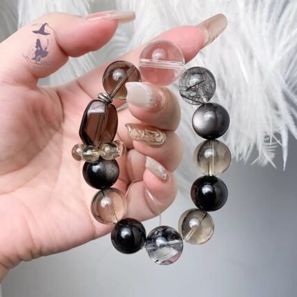 高級感沙金茶晶➕閃靈➕白水晶➕黑髮晶➕銀曜石以及925銀純銀配飾 原創設計款水晶手鏈手串