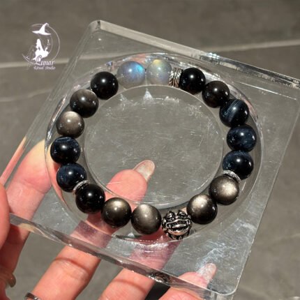 黑曜石灰月光藍虎眼貔貅水晶手串男生紀念日禮物送男友